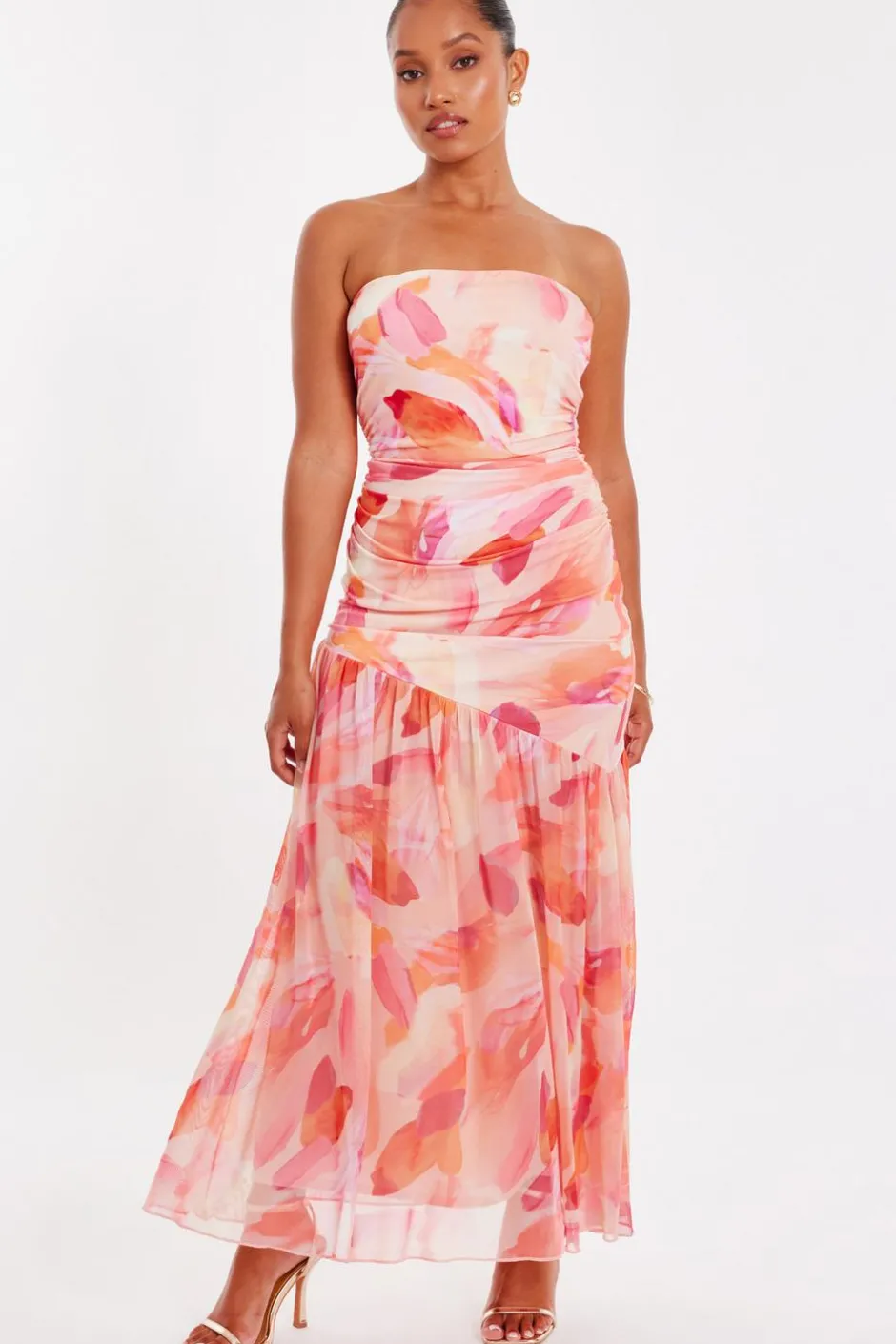 Quiz Petite Coral Mesh Floral Midaxi Dress New