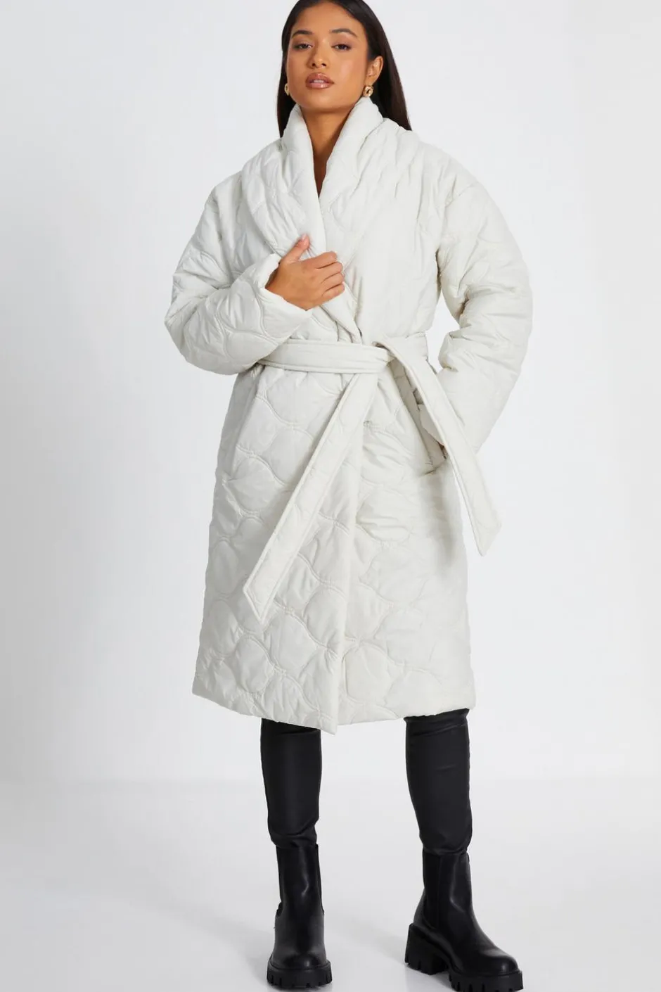 Quiz Petite Cream Quilted Long Line Coat