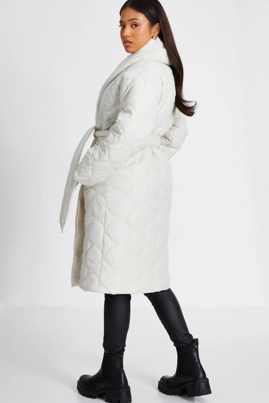 Quiz Petite Cream Quilted Long Line Coat