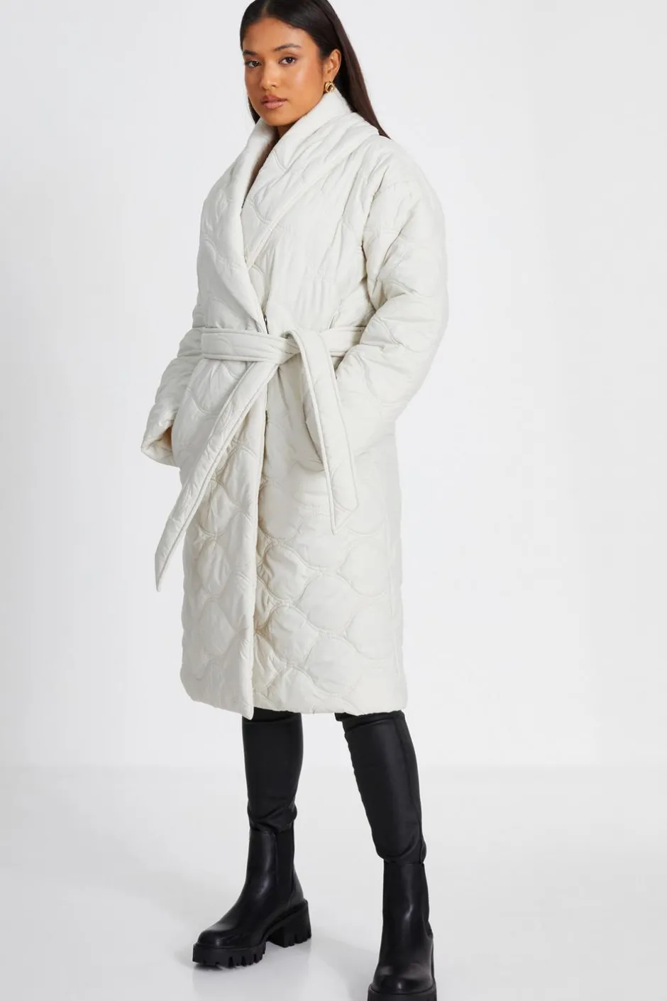 Quiz Petite Cream Quilted Long Line Coat