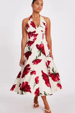 Quiz Petite Cream Satin Rose Print Midi Dress Best