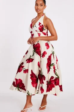 Quiz Petite Cream Satin Rose Print Midi Dress Best