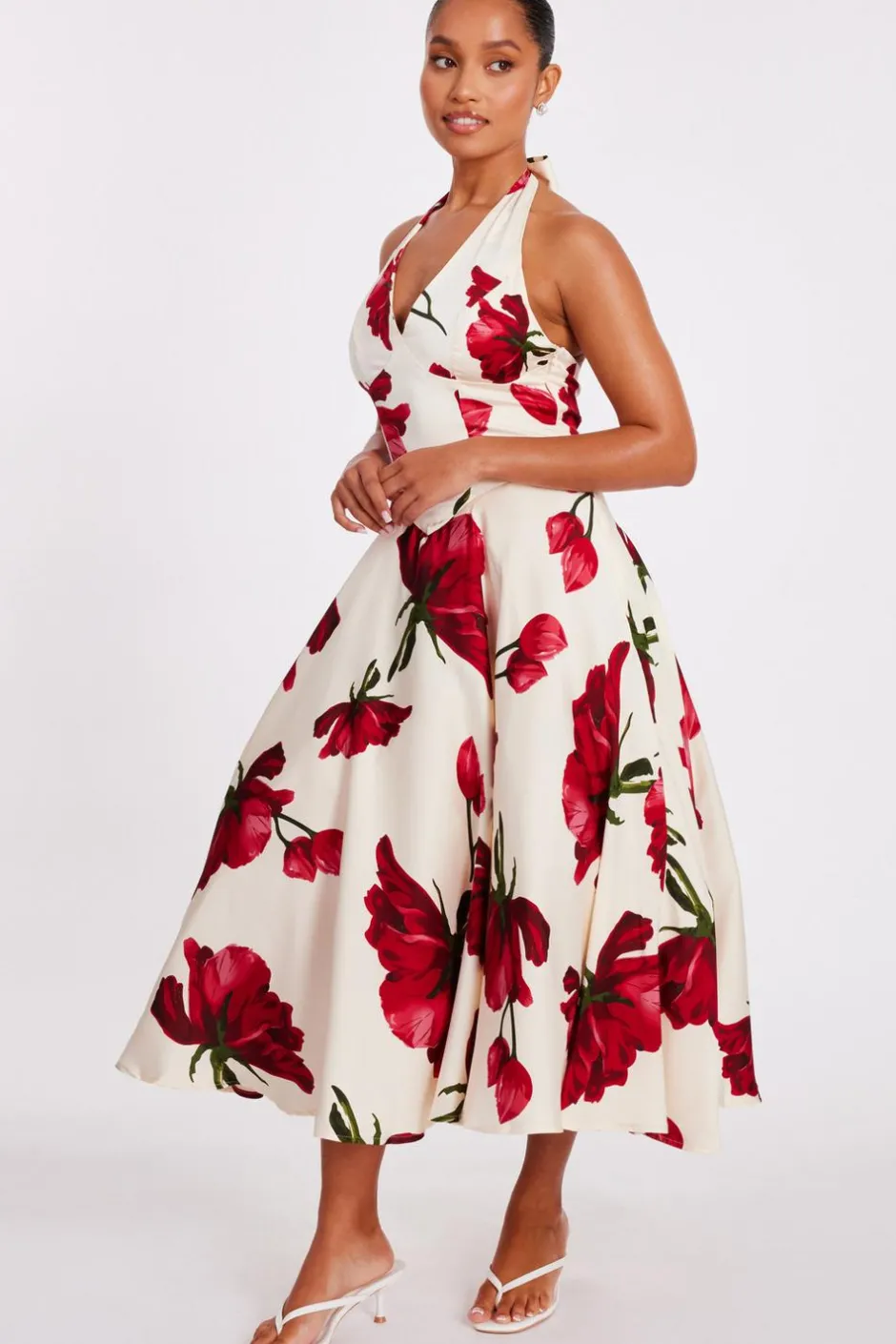 Quiz Petite Cream Satin Rose Print Midi Dress Best