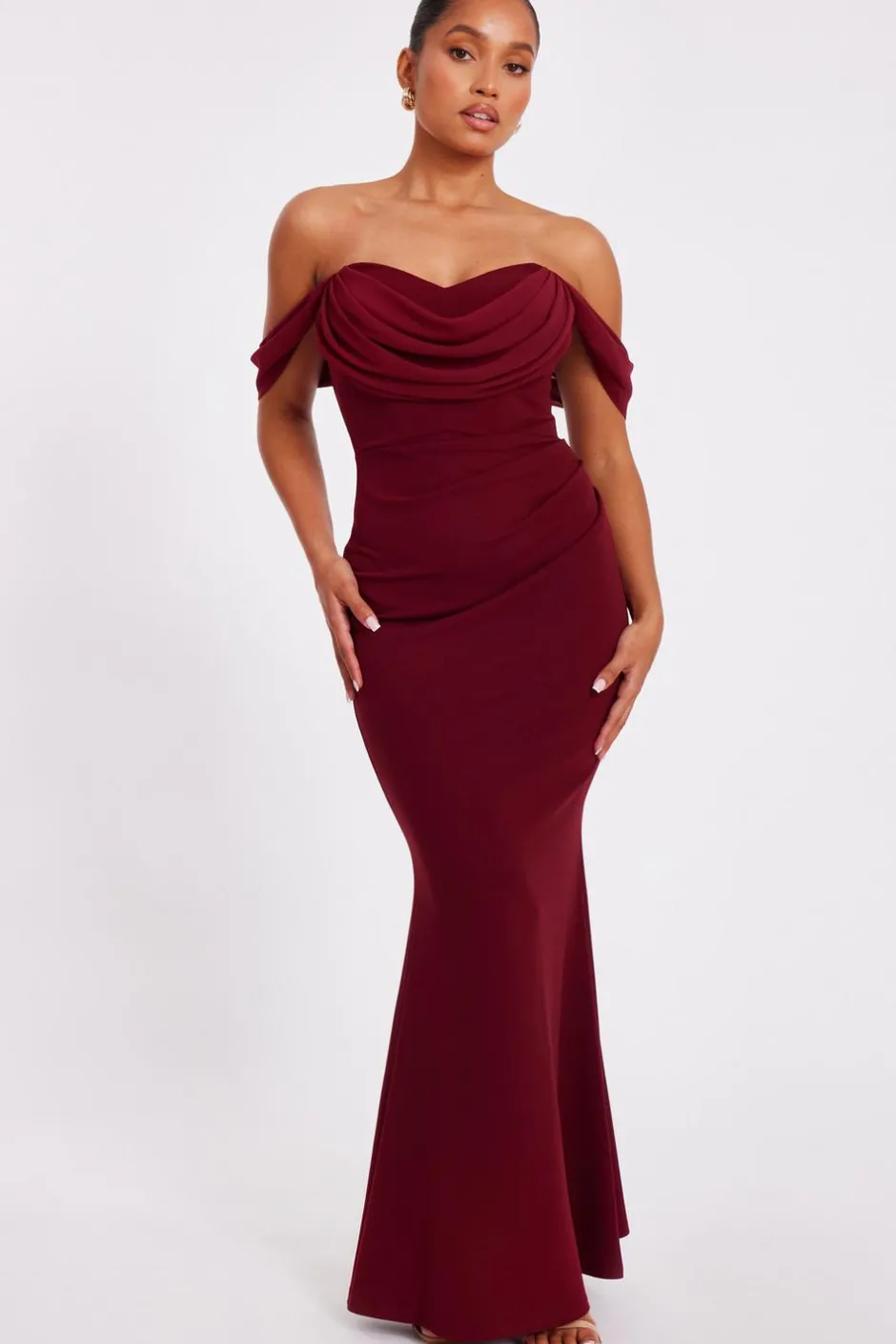 Quiz Petite Dark Red Chiffon Bardot Maxi Dress Wine Online