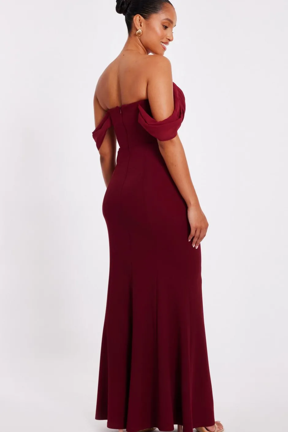 Quiz Petite Dark Red Chiffon Bardot Maxi Dress Wine Online