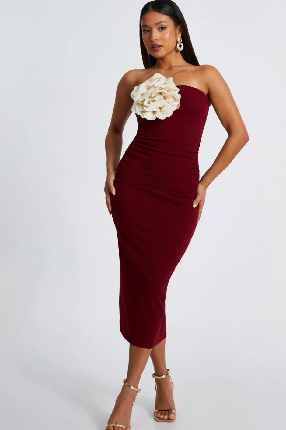 Quiz Petite Dark Red Corsage Midaxi Dress Berry Online