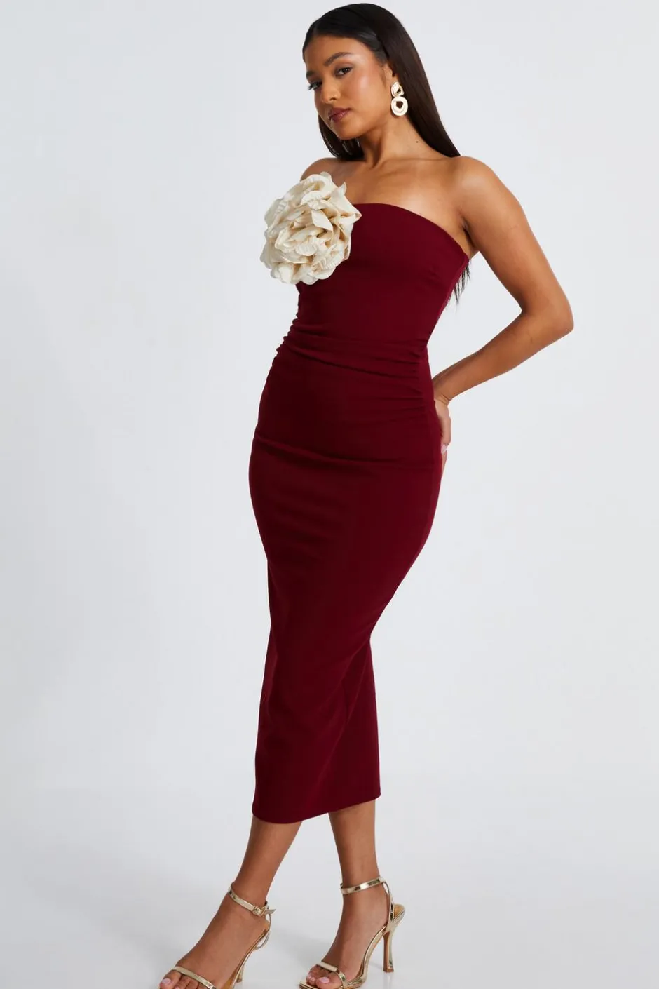 Quiz Petite Dark Red Corsage Midaxi Dress Berry Online