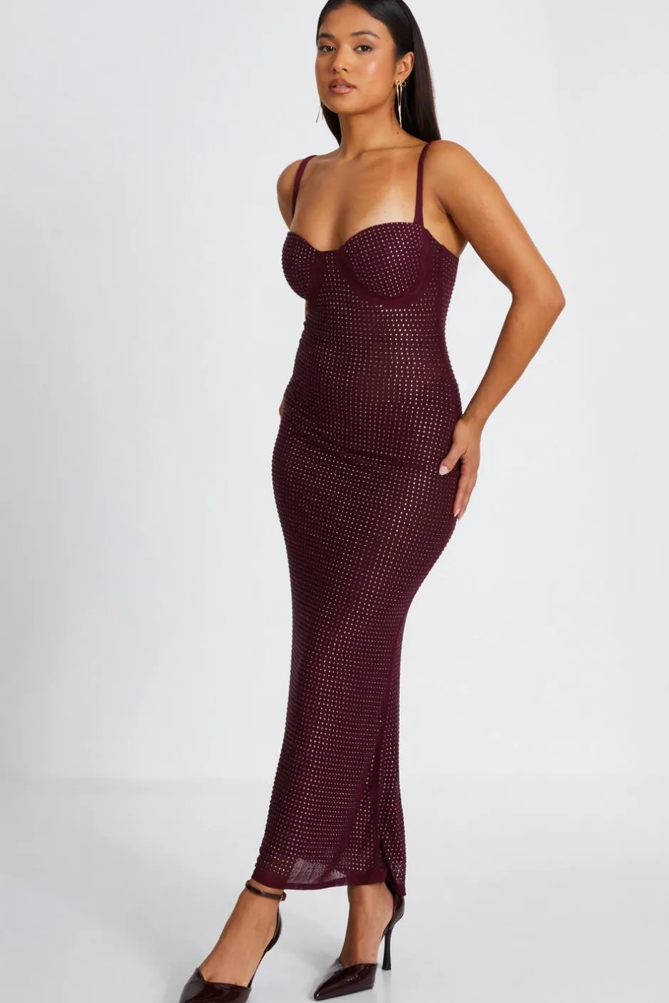 Quiz Petite Dark Red Embellished Maxi Dress Hot