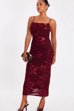 Quiz Petite Dark Red Floral Applique Midaxi Dress