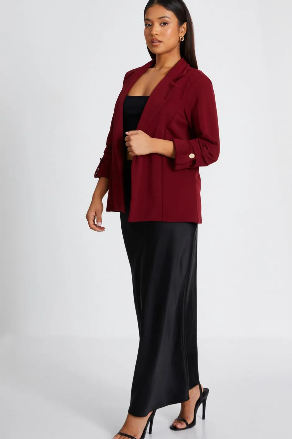 Quiz Petite Dark Red Ruched Sleeve Blazer Clearance