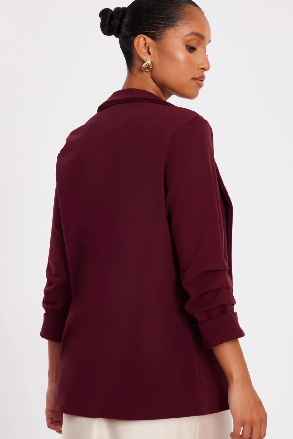 Quiz Petite Dark Red Ruched Sleeve Blazer Burgundy