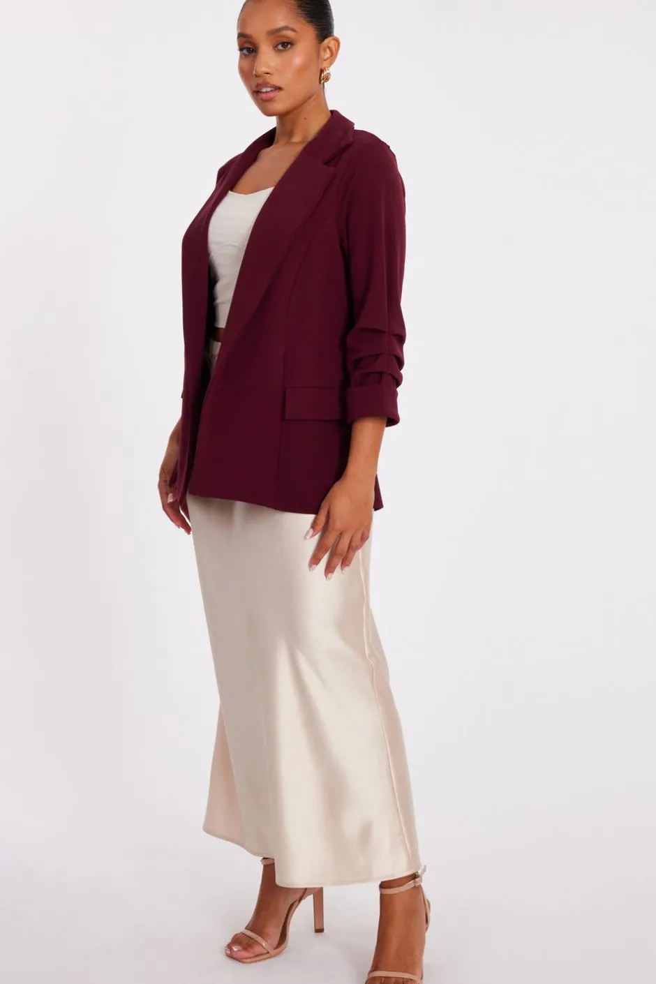 Quiz Petite Dark Red Ruched Sleeve Blazer Burgundy
