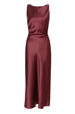 Quiz Petite Dark Red Satin Ruched Midaxi Dress Berry New