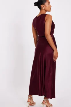 Quiz Petite Dark Red Satin Ruched Midaxi Dress Berry New
