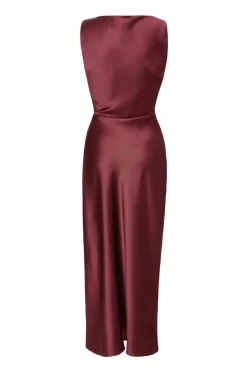 Quiz Petite Dark Red Satin Ruched Midaxi Dress Berry New