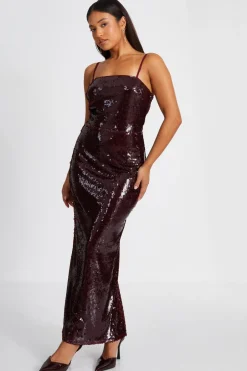 Quiz Petite Dark Red Sequin Midaxi Dress Outlet
