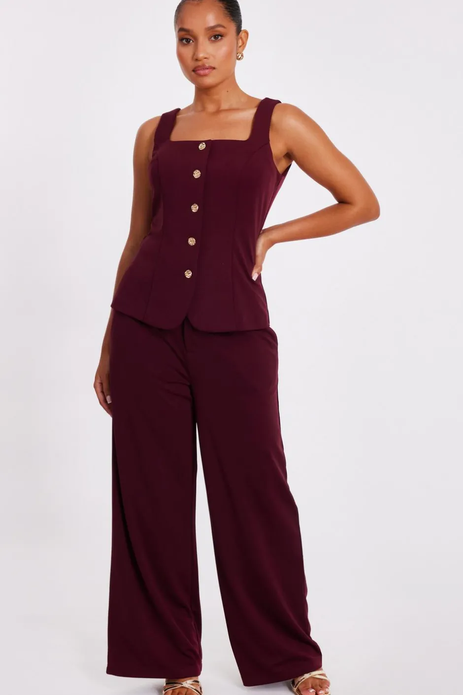 Quiz Petite Dark Red Wide Leg Trousers