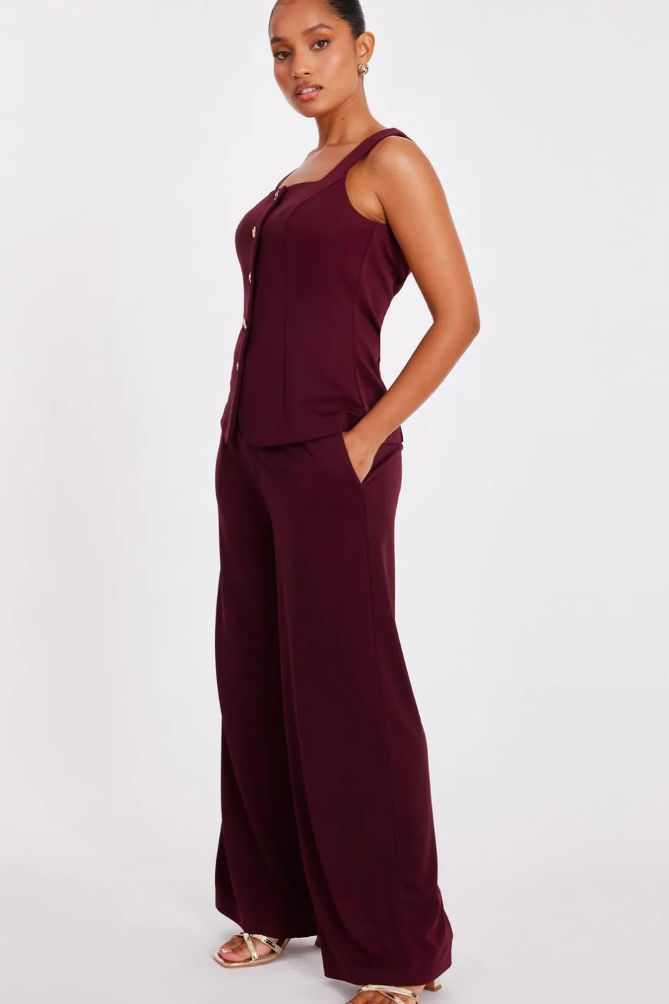 Quiz Petite Dark Red Wide Leg Trousers