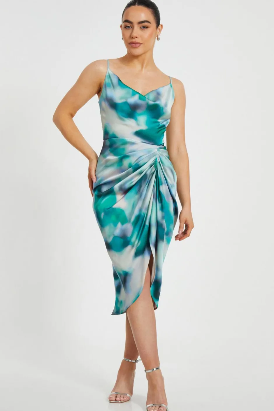 Quiz Petite Green Satin Marble Print Midi Dress Online