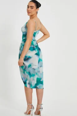 Quiz Petite Green Satin Marble Print Midi Dress Online