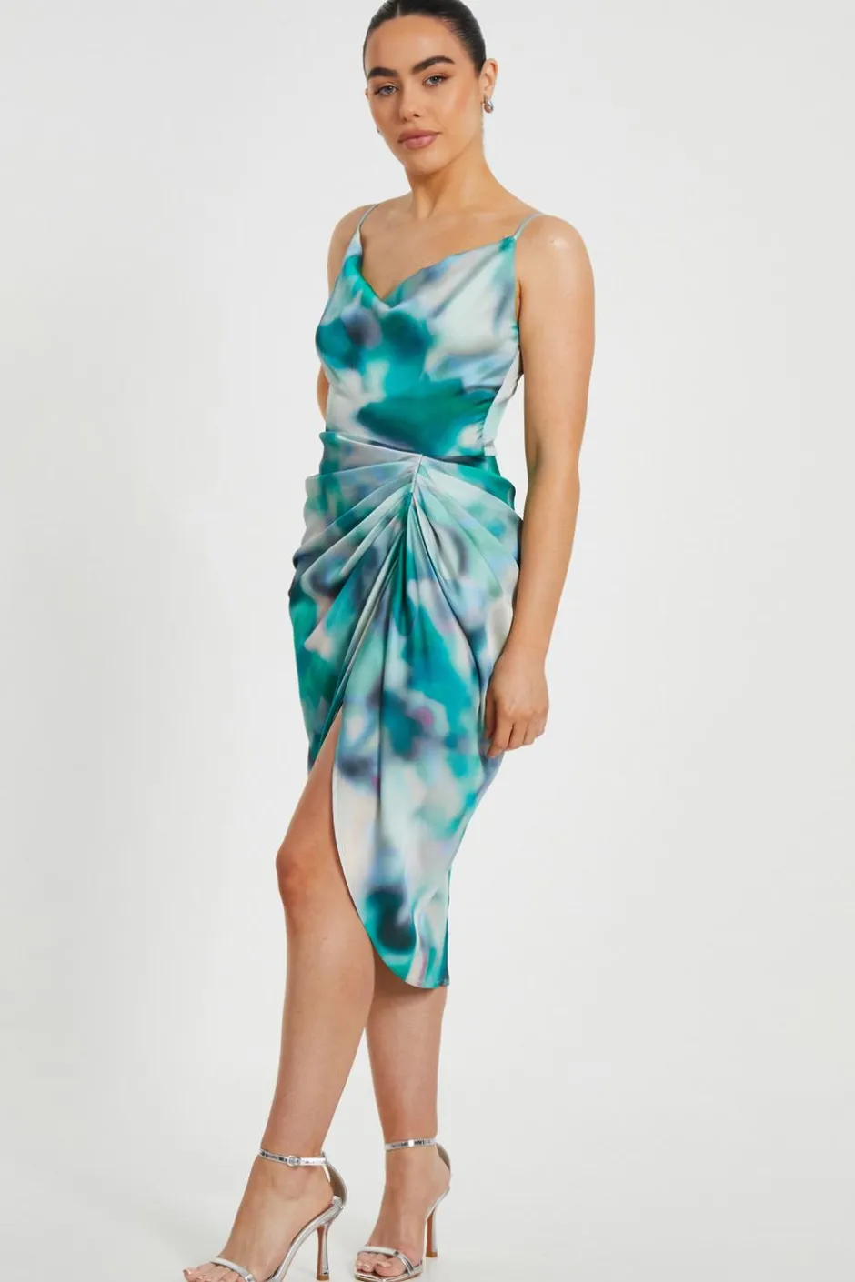 Quiz Petite Green Satin Marble Print Midi Dress Online
