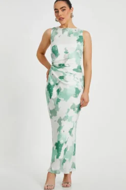 Quiz Petite Green Satin Marble Midaxi Dress Online