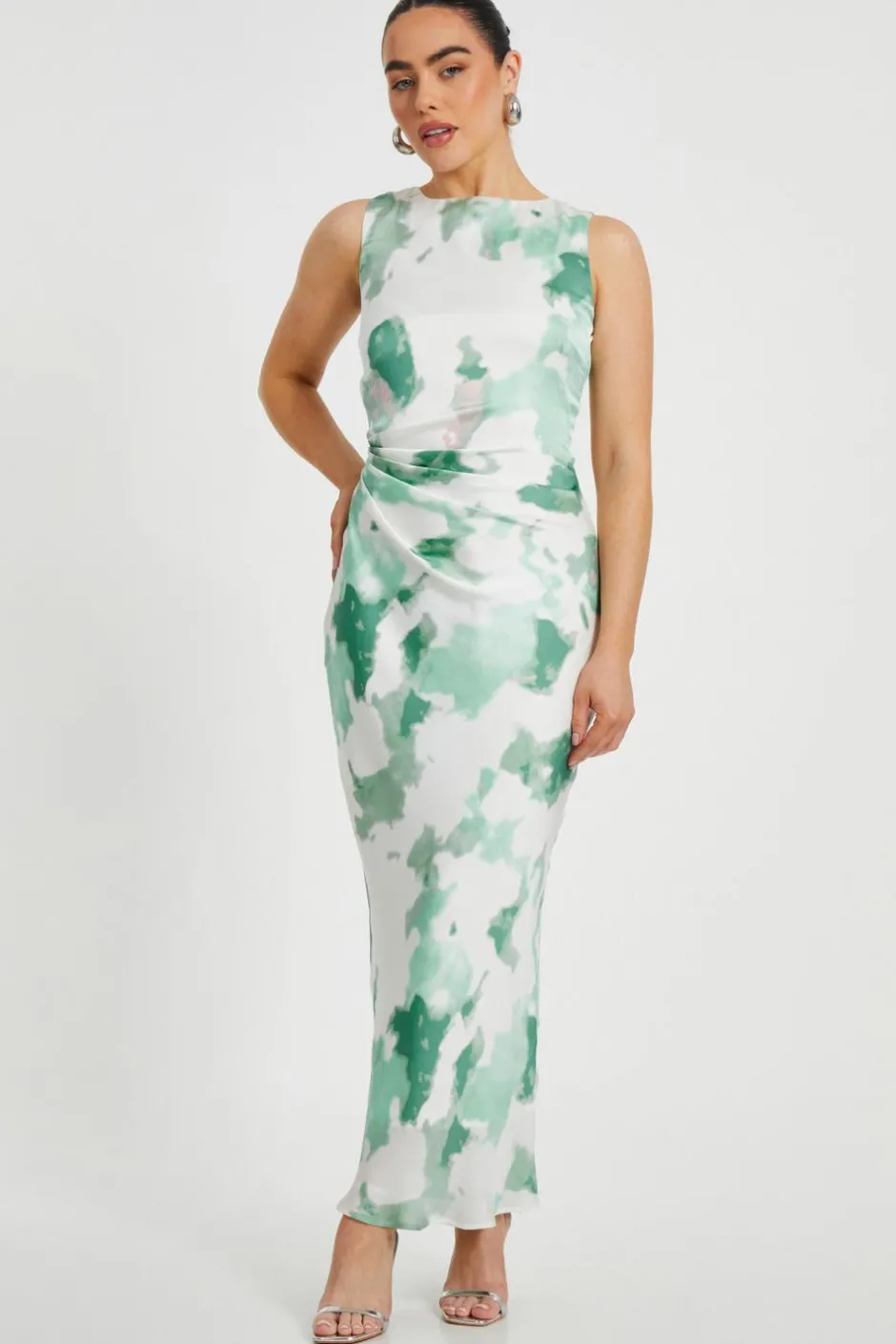Quiz Petite Green Satin Marble Midaxi Dress Online