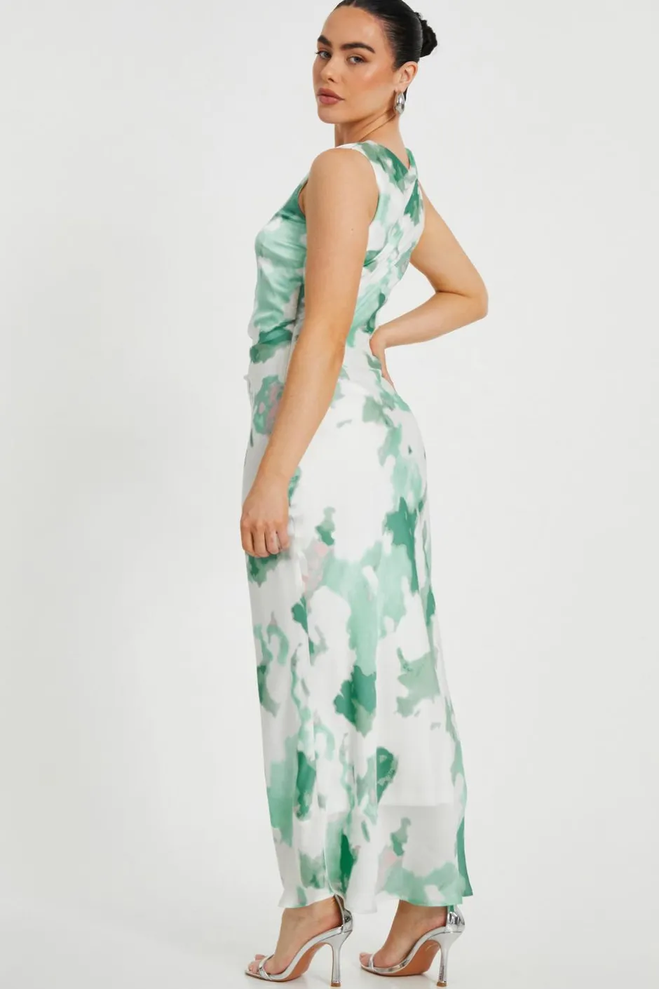 Quiz Petite Green Satin Marble Midaxi Dress Online