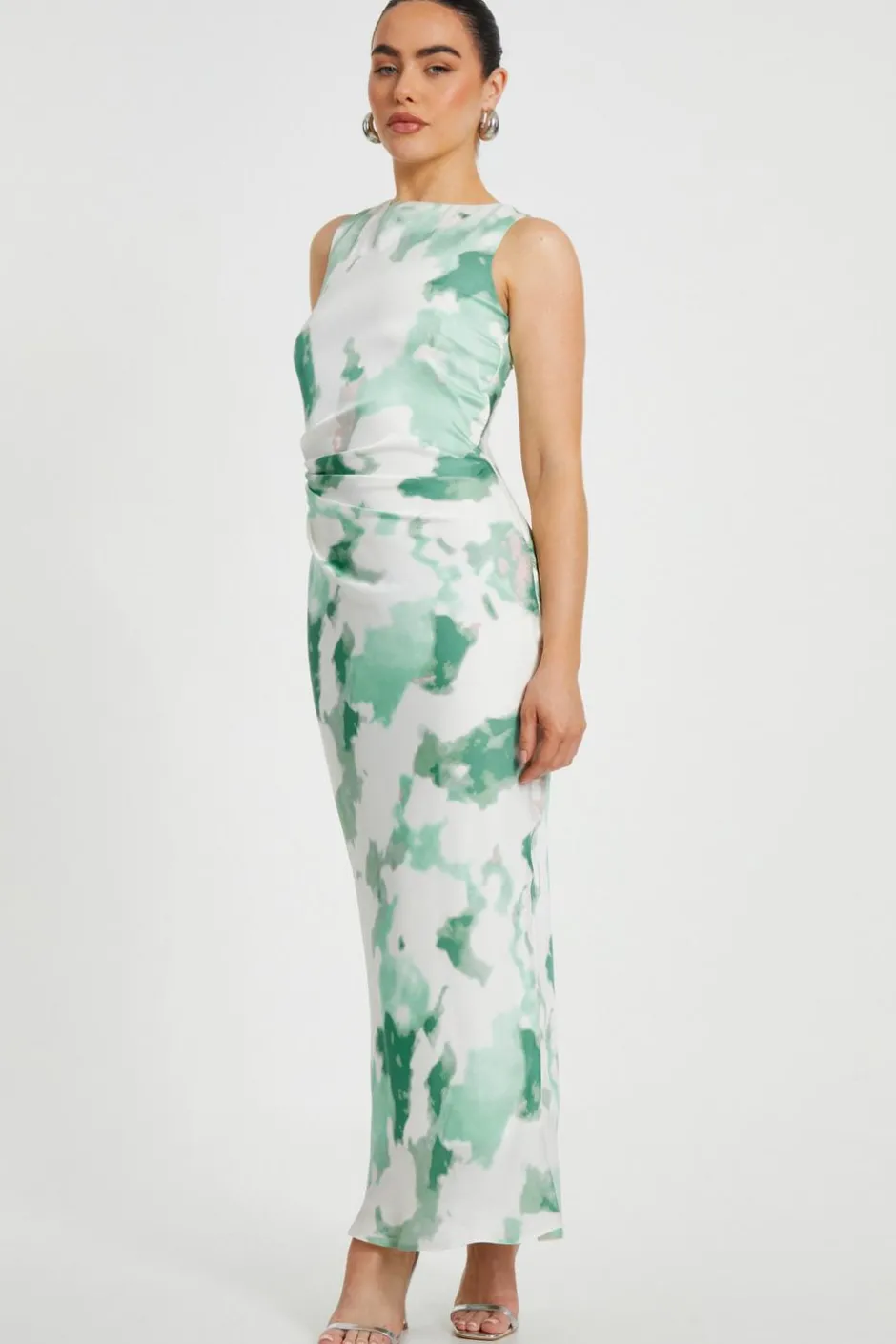 Quiz Petite Green Satin Marble Midaxi Dress Online