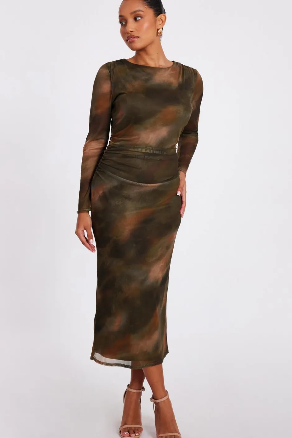 Quiz Petite Khaki Printed Long Sleeve Midaxi Dress Outlet