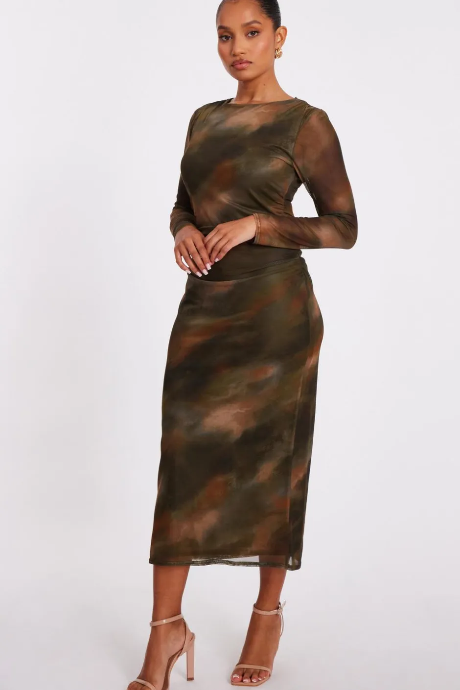 Quiz Petite Khaki Printed Long Sleeve Midaxi Dress Outlet