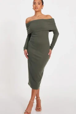 Quiz Petite Khaki Ribbed Bardot Midi Dress