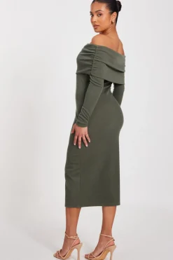 Quiz Petite Khaki Ribbed Bardot Midi Dress