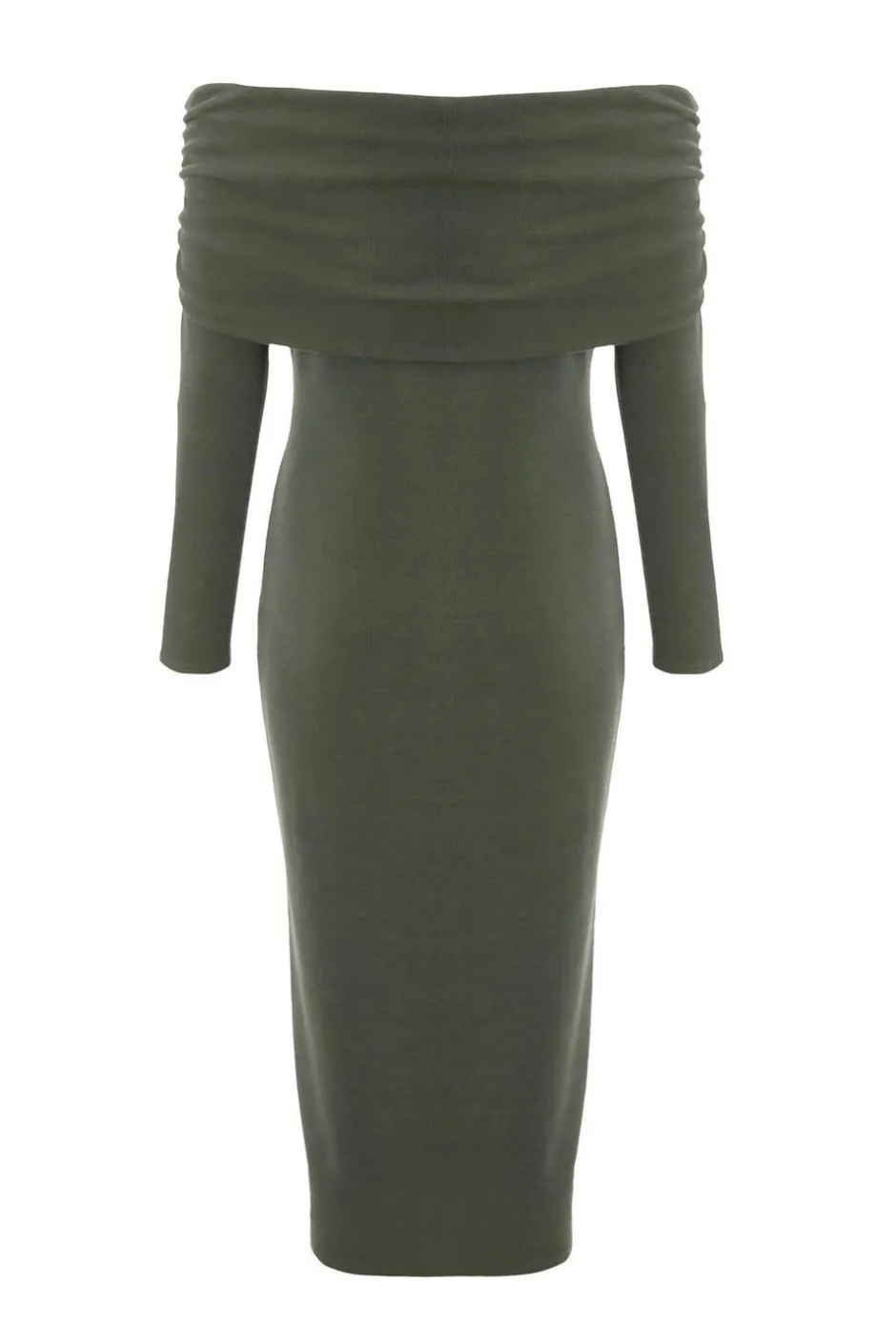 Quiz Petite Khaki Ribbed Bardot Midi Dress