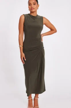 Quiz Petite Khaki Ruched Bodycon Midaxi Dress Best