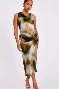 Quiz Petite Khaki Satin Printed Midaxi Dress