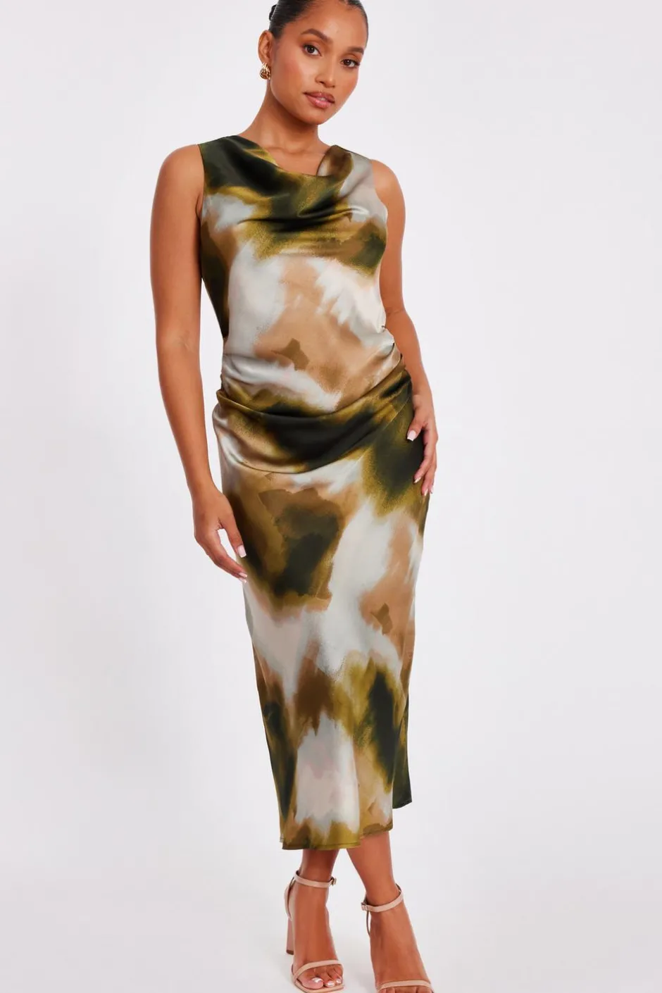 Quiz Petite Khaki Satin Printed Midaxi Dress