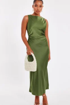 Quiz Petite Khaki Satin Ruched Midi Dress Best