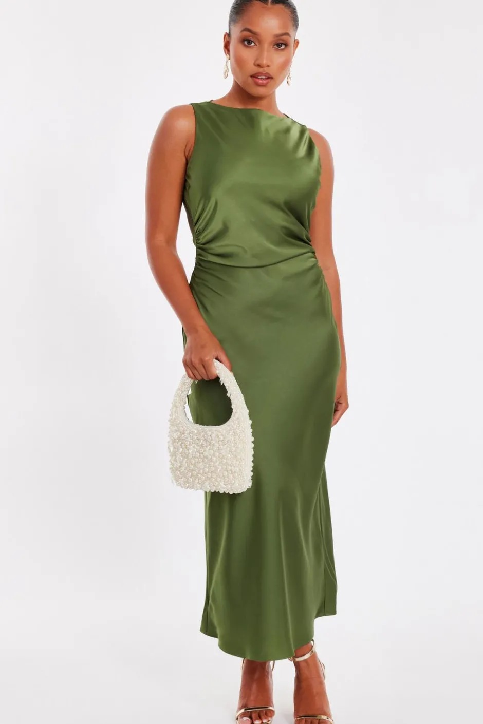 Quiz Petite Khaki Satin Ruched Midi Dress Best