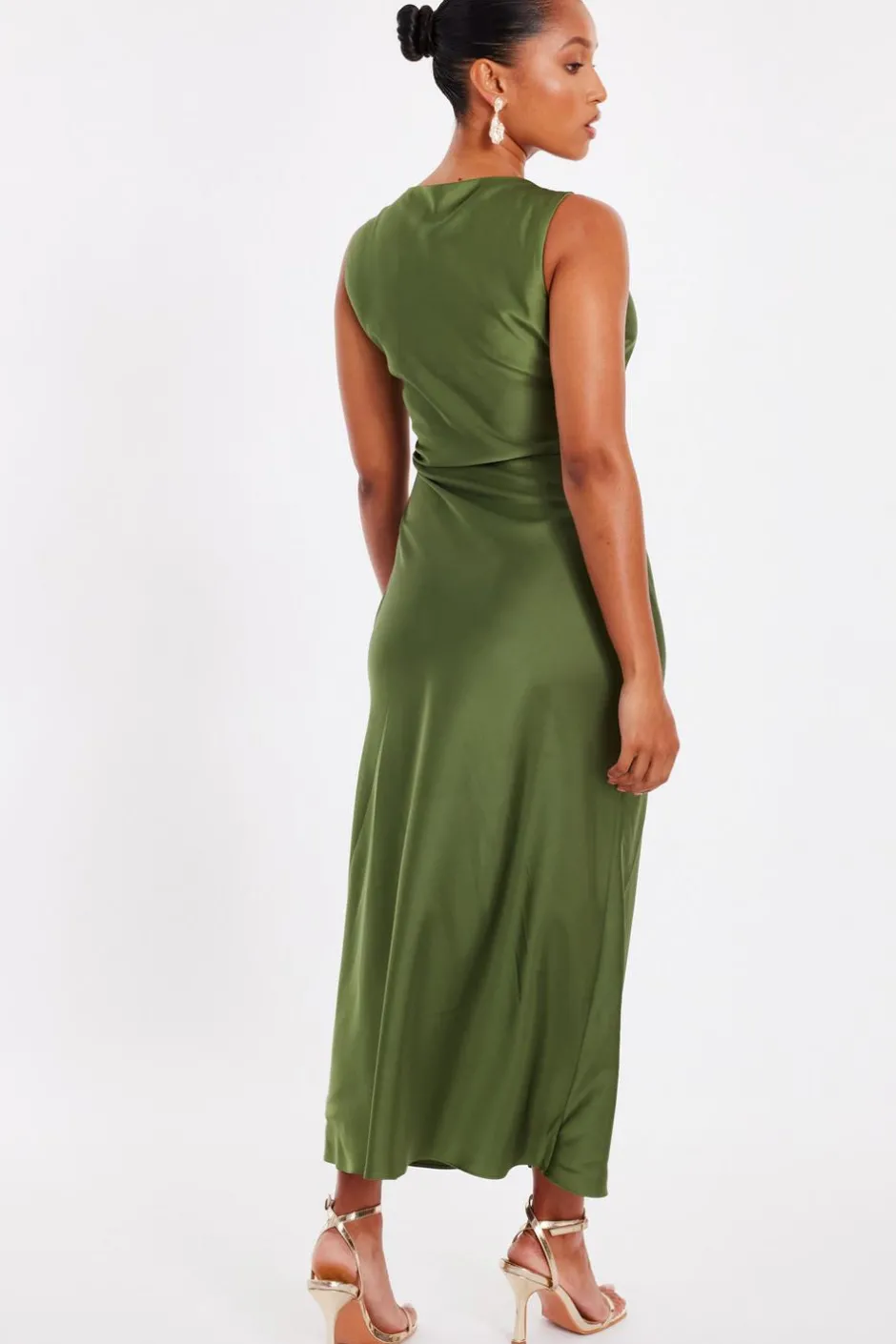 Quiz Petite Khaki Satin Ruched Midi Dress Best