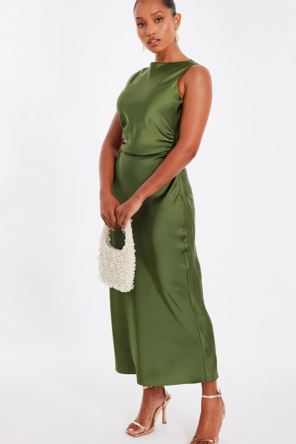 Quiz Petite Khaki Satin Ruched Midi Dress Best