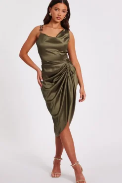 Quiz Petite Khaki Satin Ruched Midi Dress