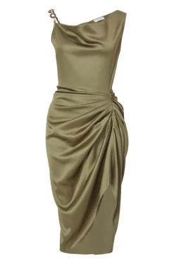 Quiz Petite Khaki Satin Ruched Midi Dress