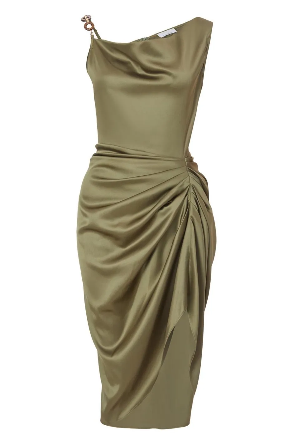 Quiz Petite Khaki Satin Ruched Midi Dress