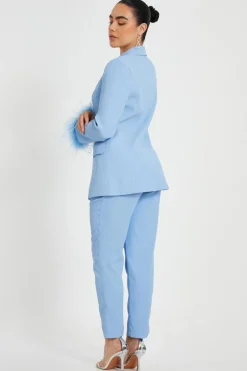 Quiz Petite Feather Trim Blazer Light Blue Discount