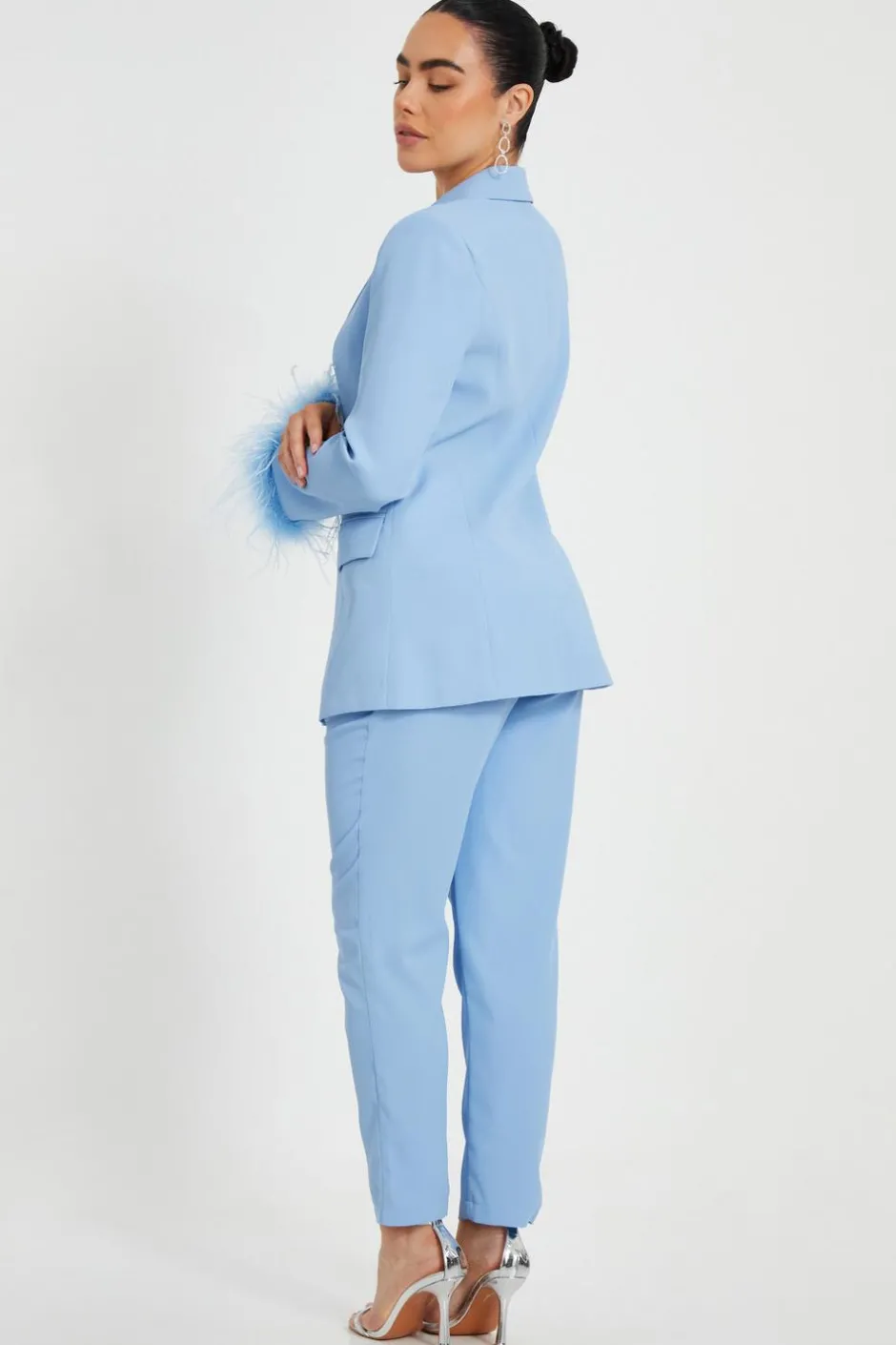 Quiz Petite Feather Trim Blazer Light Blue Discount