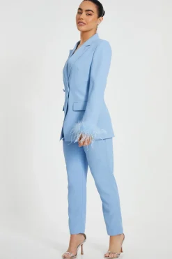 Quiz Petite Feather Trim Blazer Light Blue Discount