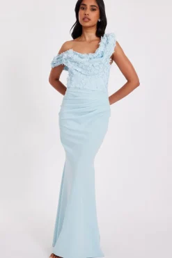 Quiz Petite Light Blue Floral Ruched Maxi Dress Pale Blue Online