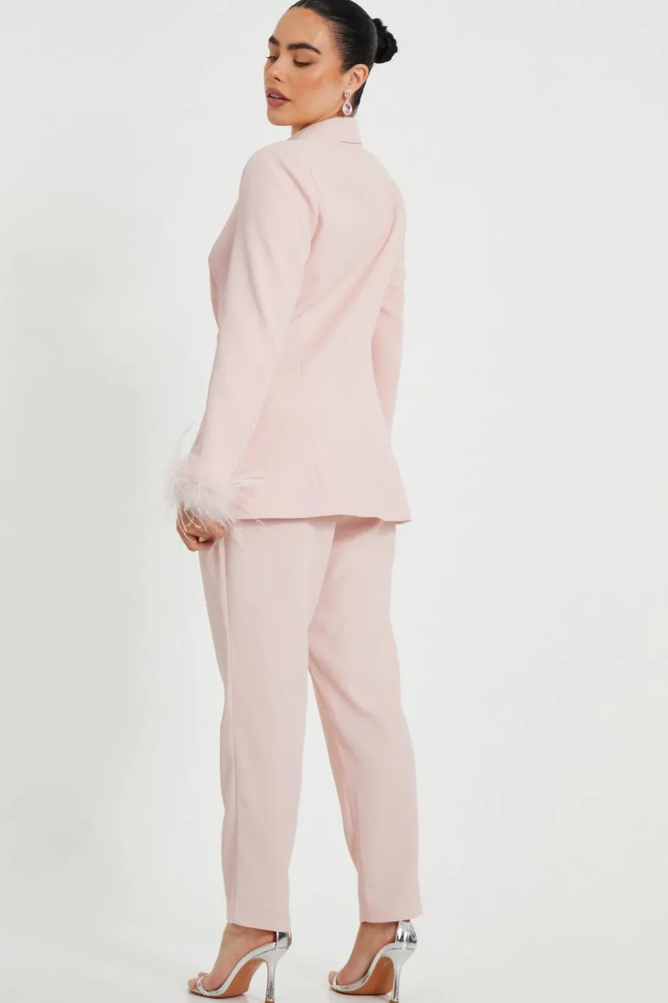 Quiz Petite Feather Trim Blazer Light Pink