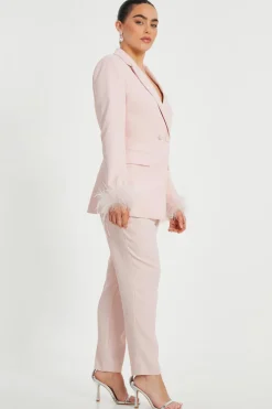 Quiz Petite Feather Trim Blazer Light Pink
